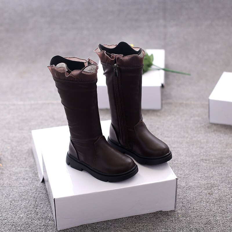 Winter meisjes laarzen effen kleur kinderen kniehoge laarzen kant strass meisjes prinsessenschoenen maat 26-30 sl025: Sl025 bruin / Cn 27 binnenzool 16cm