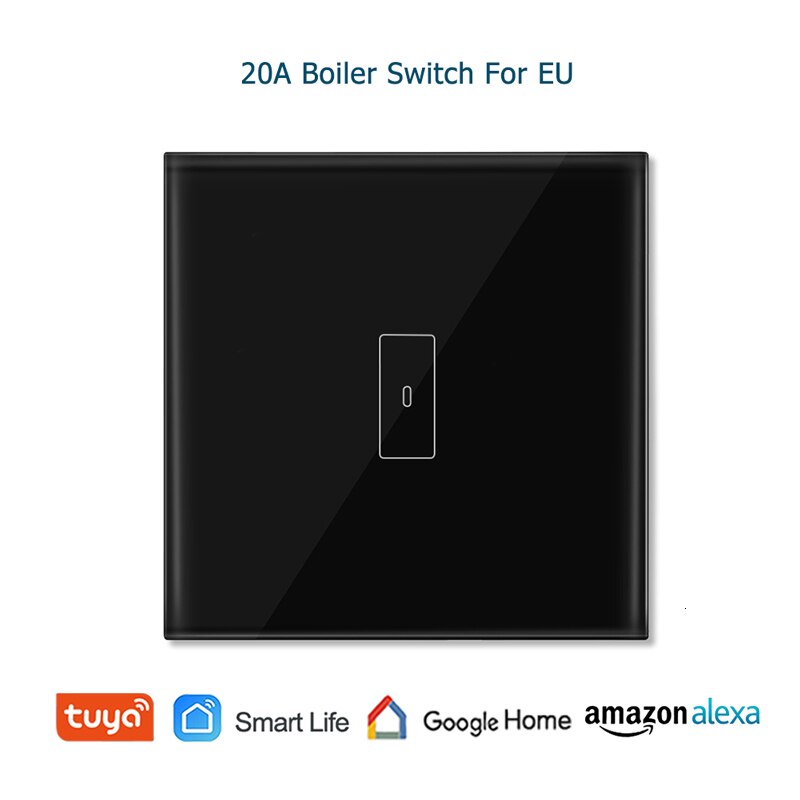 WiFi Smart Boiler Glass Panel Switch 4400W 20A Smart Life Tuya App Remote Control Water Heater Switch via Alexa Google Home: Black EU