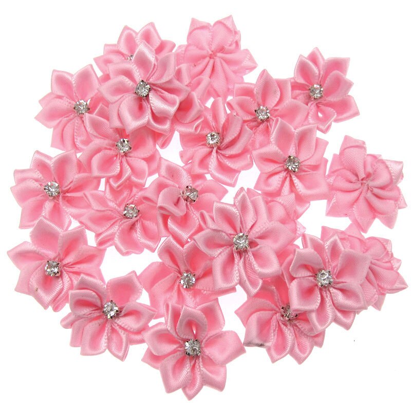 40 Stks Roze Kleine Satijnen Bloemen Stof Strass Bloemen Applicaties Naaien Decoratie Bruiloft Kledingstuk 2.8 cm