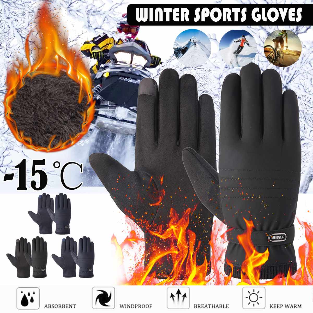 -15 graden Winter Warme Thermische Handschoenen Ski Sneeuw Snowboard Handschoenen Fietsen Touchscreen Waterdichte Winter Handschoenen voor Mannen Vrouwen
