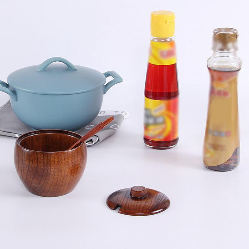 1 juego duradero Estilo japonés bote de condimento de madera tarro de especias con cuchara y tapa, caja de pimienta de sal tazón de azúcar accesorios de cocina