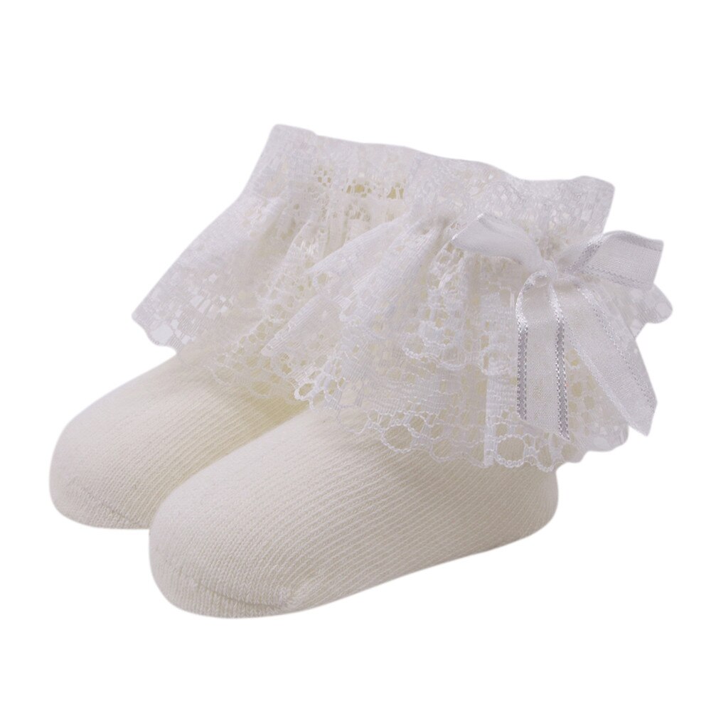 2020 del bambino Delle Ragazze Dei Capretti Del Merletto Comodo di Cotone Carino Calzino Del Bambino 0-1 anni di età di colore solido dell'arco del merletto della principessa calzini: White