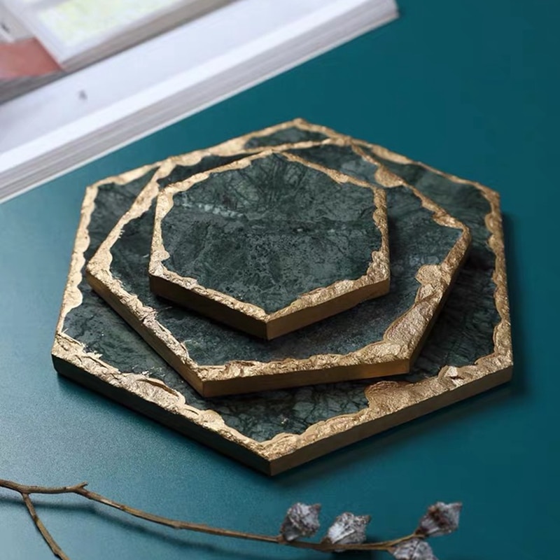 Luxe Antislip Emerald Real Marmer Coaster Mok Plaats Mat Groene Steen Met Gouden Inlay Hittebestendige Trivet Tafel decoratie