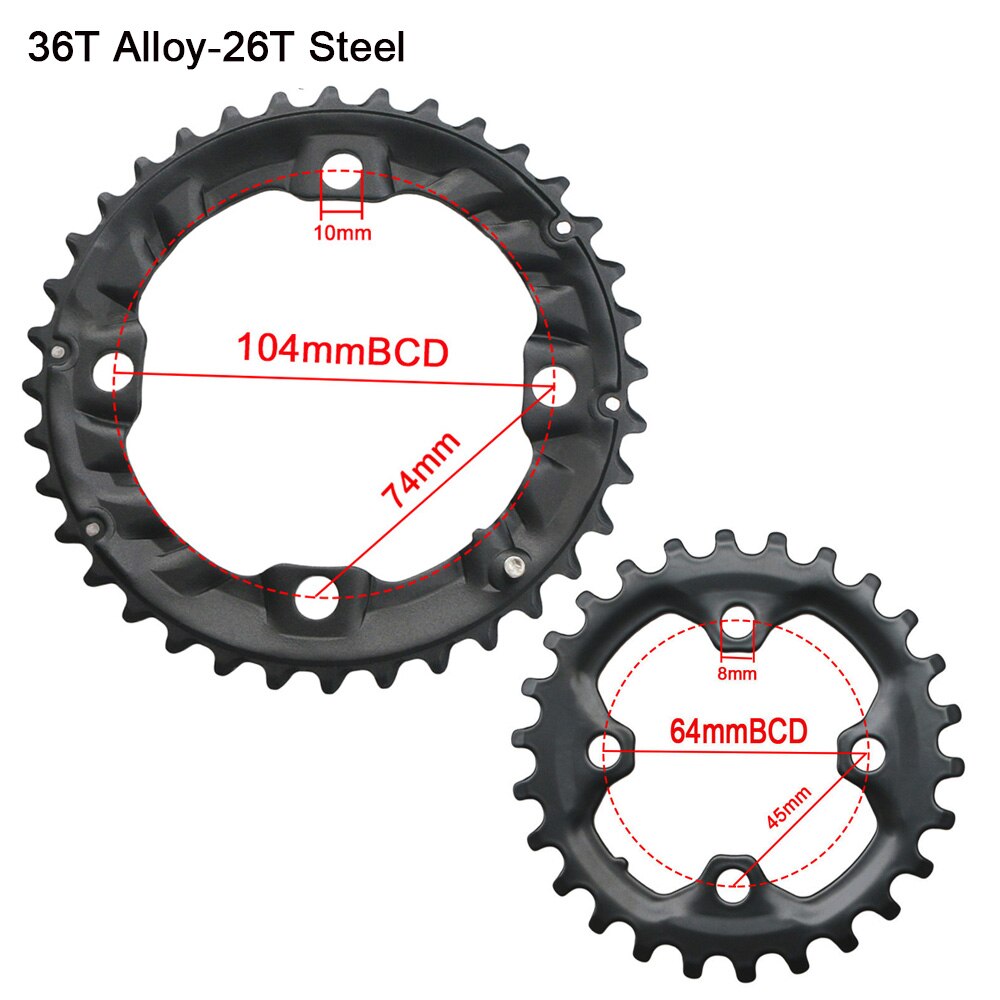 Plateau de pédalier Double 64BCD 104BCD pour vtt, 22, 24, 26, 28, 36, 38 dents: 36T alloy-26T Steel