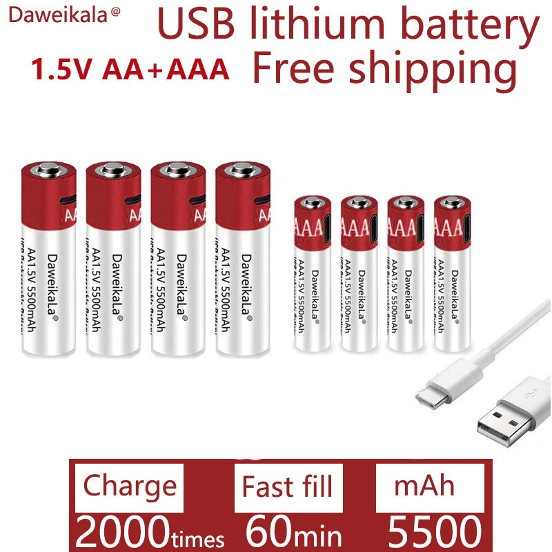 AA + AAA large capacity 5500mah rechargeable lithium ion battery AA 1.5V USB fast charging lithium ion battery