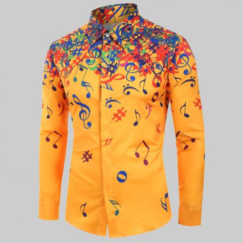 Casual Men Autumn Musical Symbols Print Long Sleeve Buttons Down Slim Shirt: Yellow / M