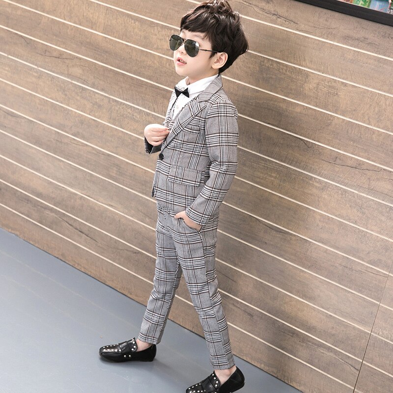 Pak voor Jongen Plaid Pak 3 Stuks Jongen Kind Bruiloft Controles Kinderen Past Formele Kleding Pak Kids 3 pcs (Blazers + Vest + Broek)