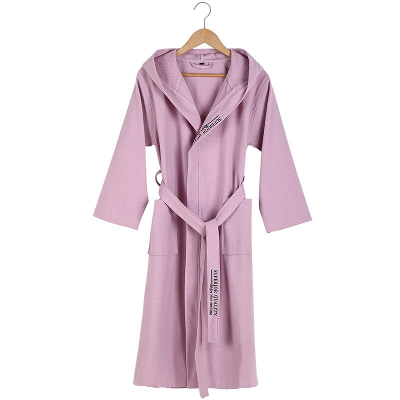 Lovers Summer Waffle Bathrobes Men Hooded 100% Cotton Suck Water Kimono Nightgowns Plus Size XXL Spa Bath Robe Spring Autumn: PINK / L(160-170cm)