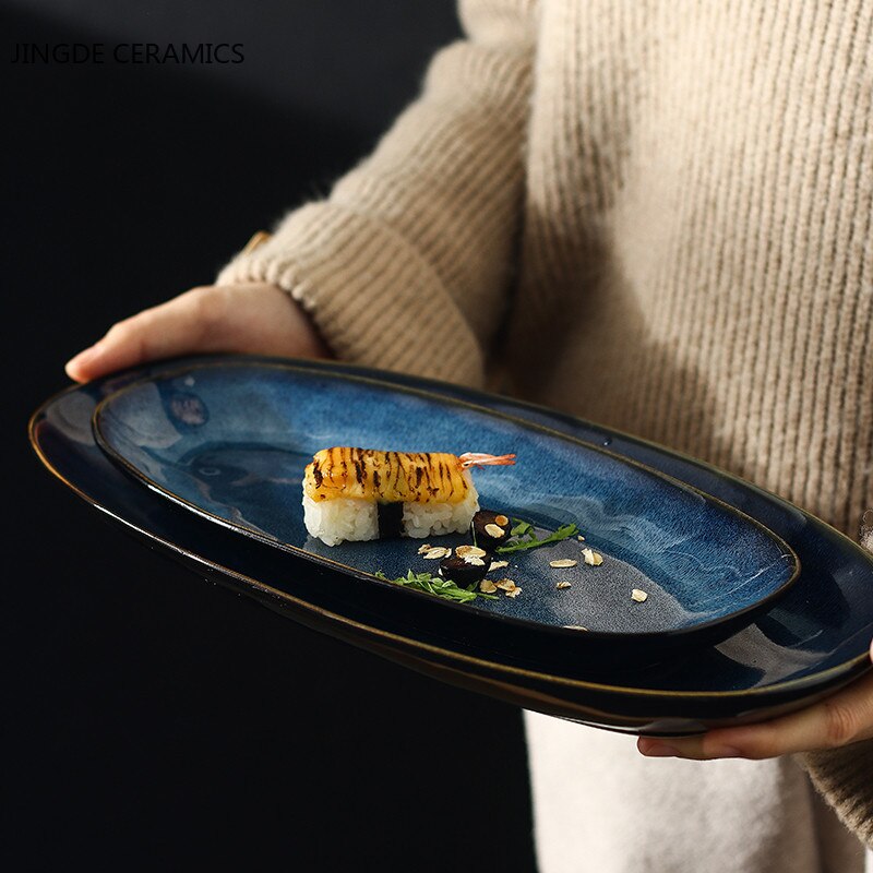 Oval Ceramic Shallow Plate Japanese Sushi Dish Steamed Fish Household Large Fish Plate SteakHand-Pulled Noodle Tray