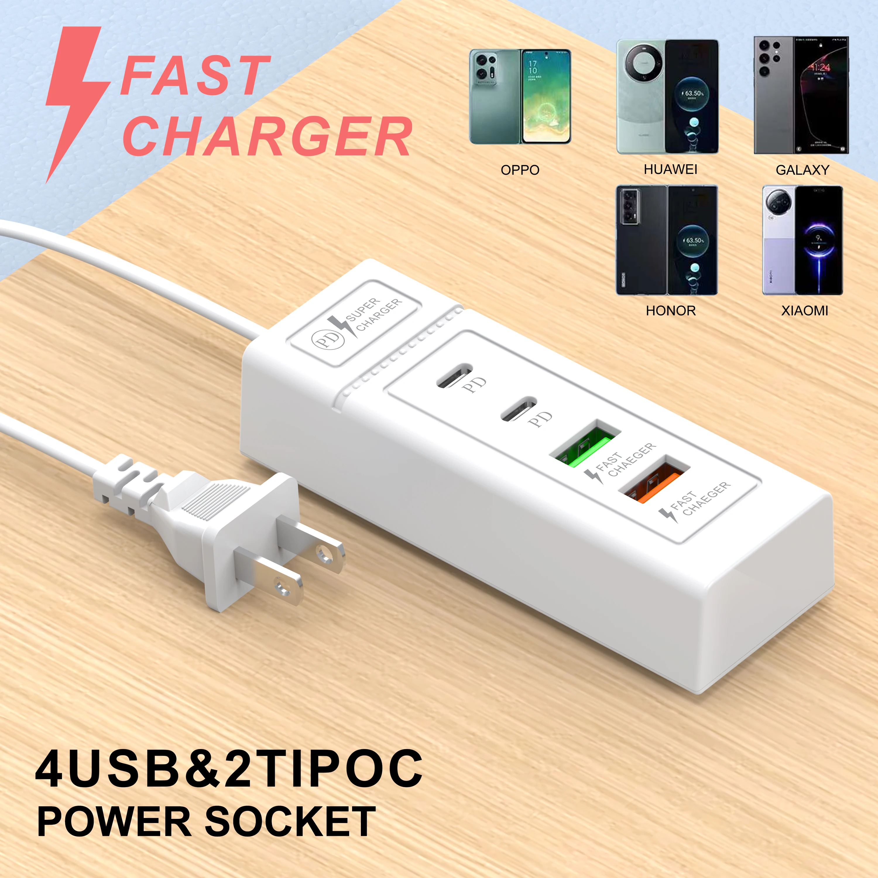 4- porters usb c hurtigladende reiselader med 1m kabler multiporter type c vegglader eu/us/uk plugg pd strømadapter lader