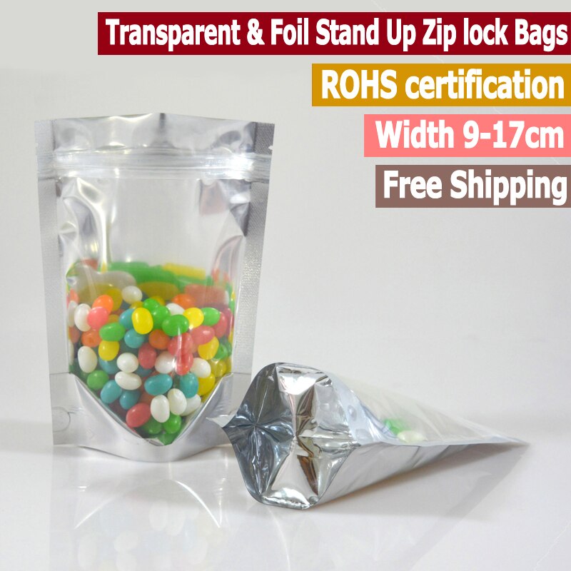 100 Stuks Transparante En Folie Stand Up Zip Lock Bag Clear Front Zip Lock Pouch Voedsel Opslag Breedte Van 9cm Tot 18Cm