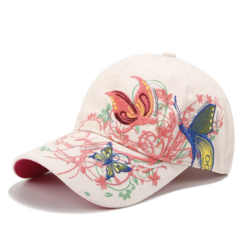 Gorras de béisbol a la para mujer, gorros de béisbol a la de algodón informales para adultos, para exteriores y viajes, Sombreros con bordado de mariposas y flores: Beige