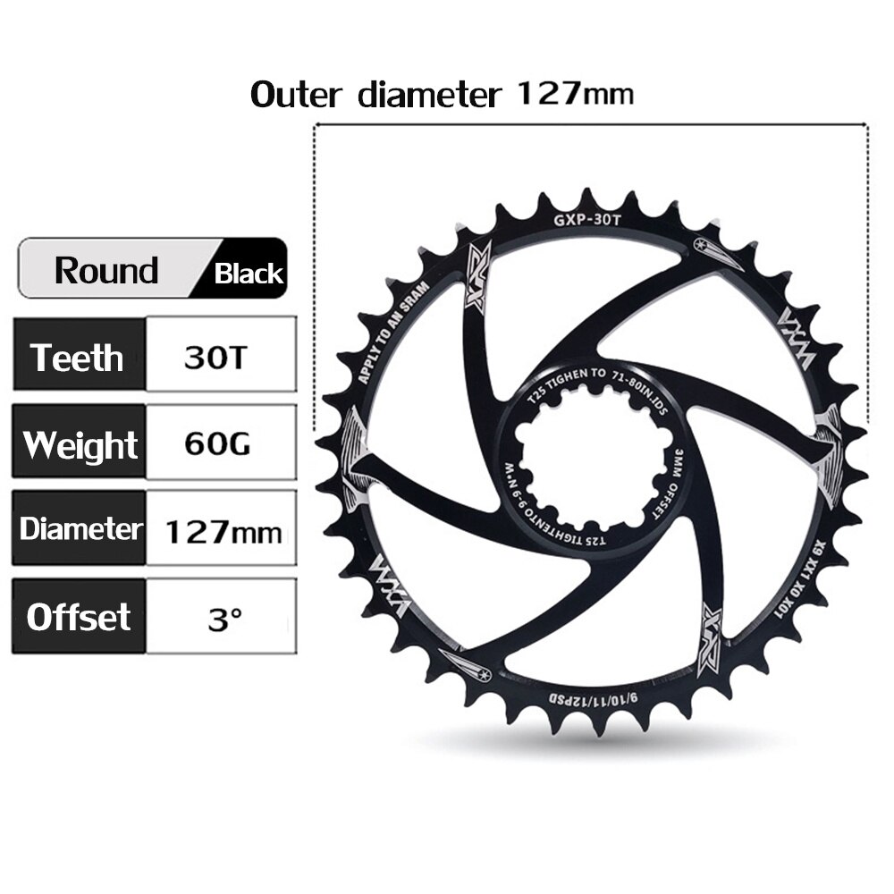 Vxm mtb fiets kettingblad smal breed fiets 30t/32t/34t/36t/38t kettingbladen voor sram 8/9/10/11/12s nx xx xo gx gxp 11 x1 offset 3mm: 30t ronde gxp
