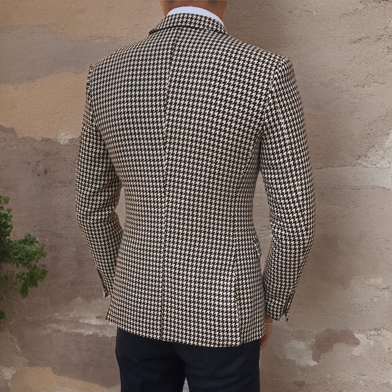 Blazer a cuadros de pata de gallo para hombre, chaqueta de traje de una pieza con 2 aberturas laterales, abrigo informal ajustado para hombre, ropa de 2023