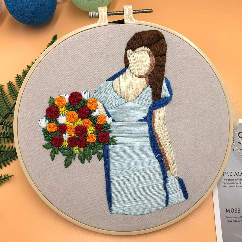 Kit de bordado de ramo de niña moderna, bordado artesanal, patrón de planta de casa, punto de cruz para principiantes (con ARO): H
