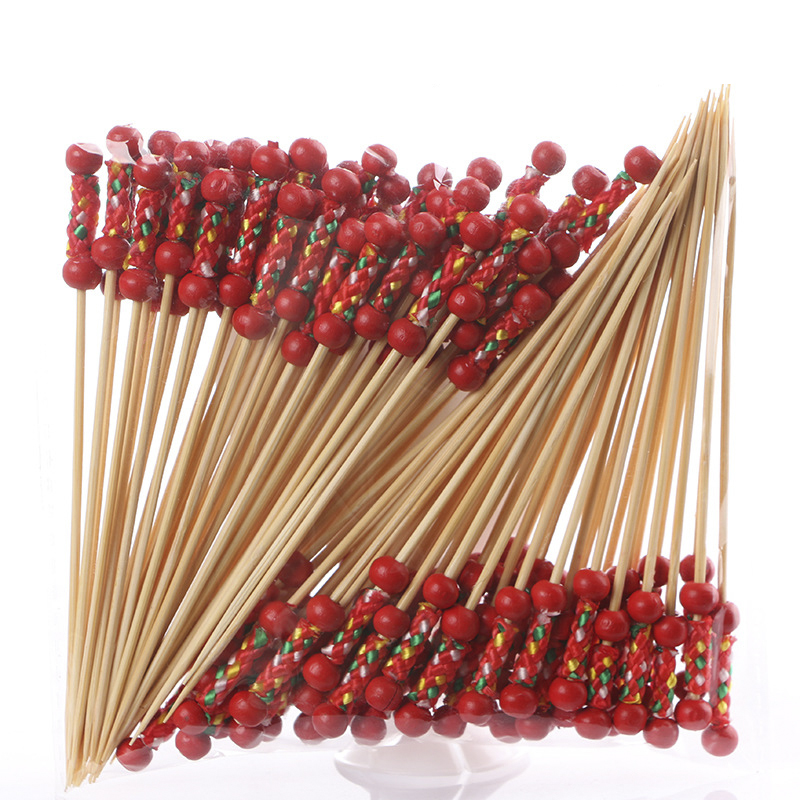 100PCS Gold Beads Bamboo Fruit Sticks For Kids Cocktail Decoration Picks Salad Sandwich Buffet Toothpicks Wedding Party Supply: Red Beads