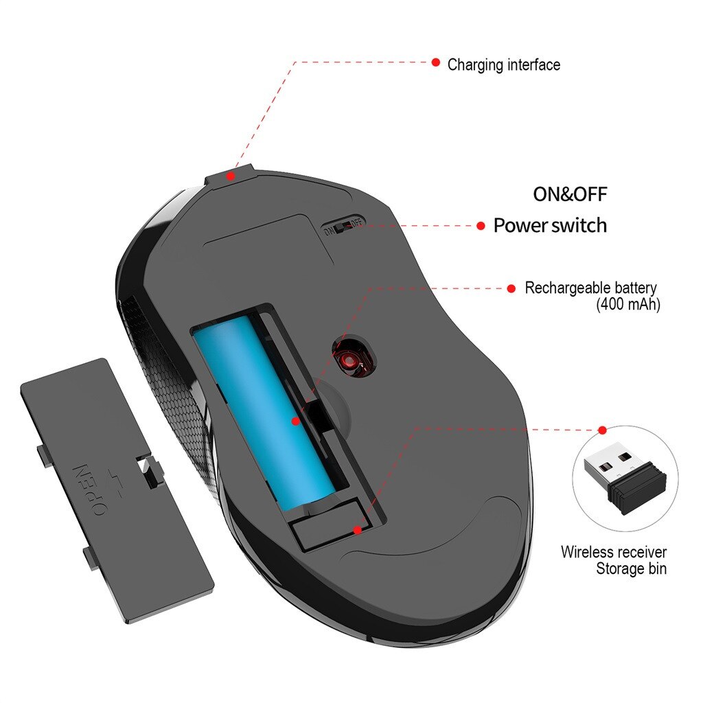 Noise cancelling 2.4G USB Wireless Mouse 2400DPI Adjustable Rechargeable Colorful Lighting Game Gamer Mice for PC Laptop Gaming