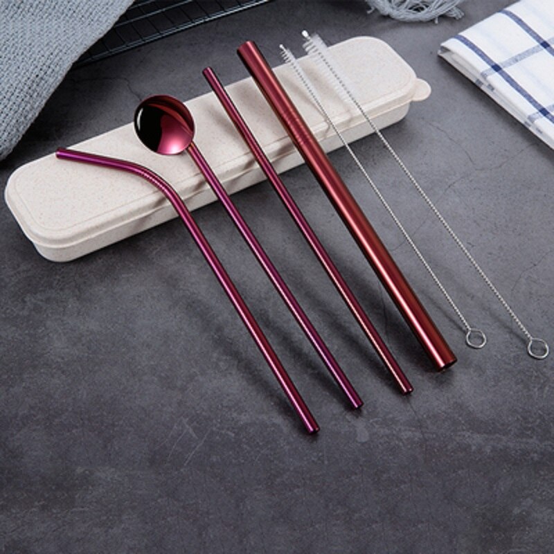 O metal reusável que bebe palhas de aço inoxidável resistente dobrou a palha reta das bebidas com acessório da festa da barra da escova da limpeza: ROXO