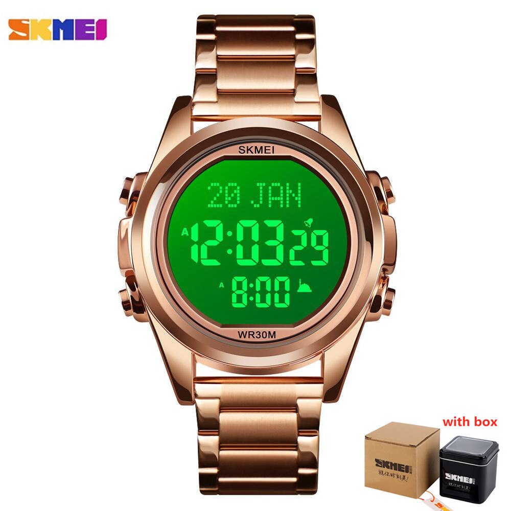 Skmei Moslim Azan Klok Horloge Voor Gebed Met Qibla Kompas Adhan Alarm Hijri Kalender Islamitische Al Harameen Fajr Tijd Horloge: rose W with box
