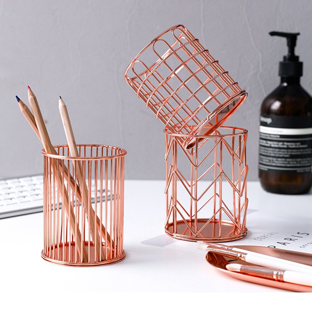 Nordisk hul metal rosa guld makeup børste opbevaring spand ins skønhedsværktøj børste opbevaring tube desktop penholder iron art cvs