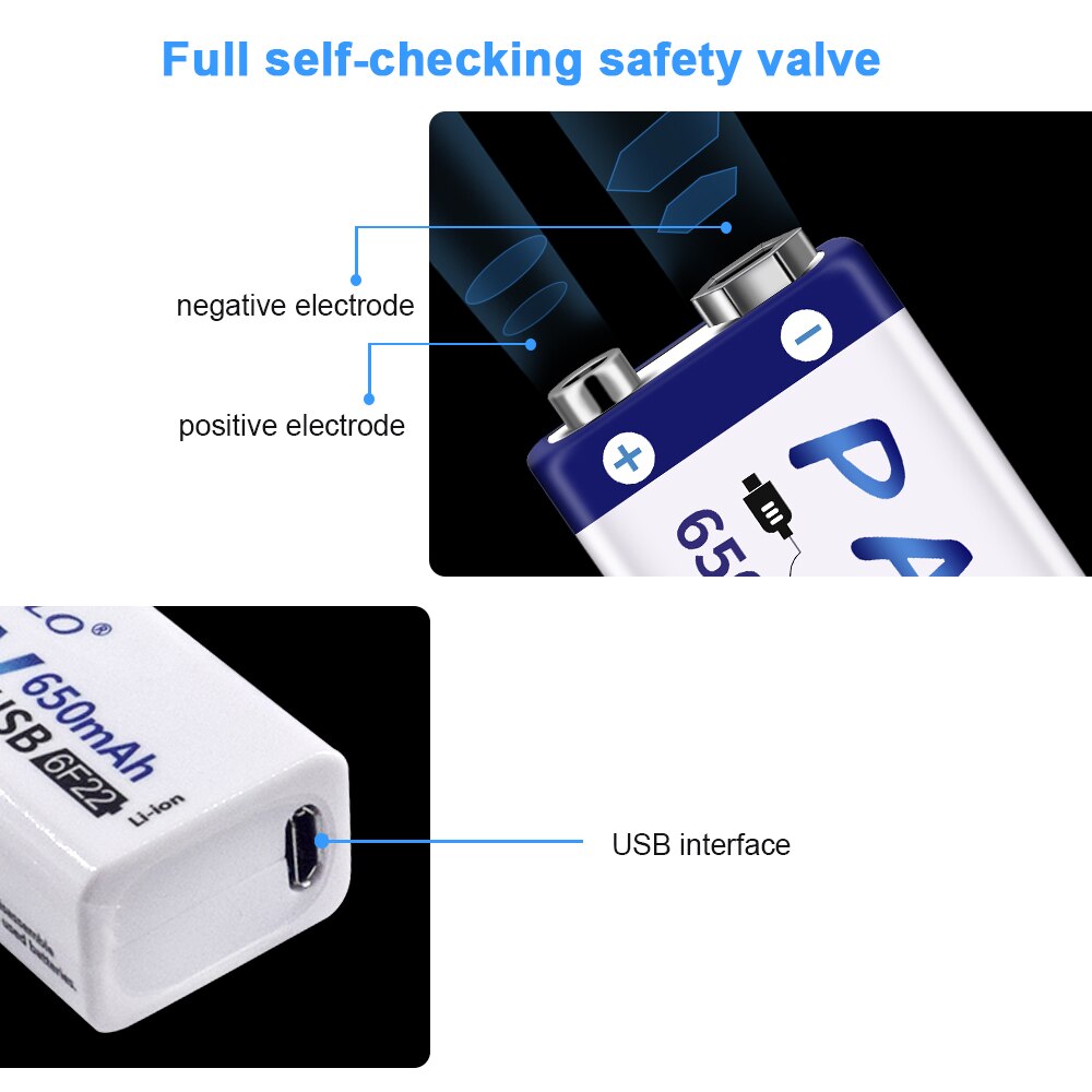 Bateria recarregável do lítio 9v de usb da bateria 9v do li-íon 650mah de palo 6f22 9v usb para o controle remoto do brinquedo