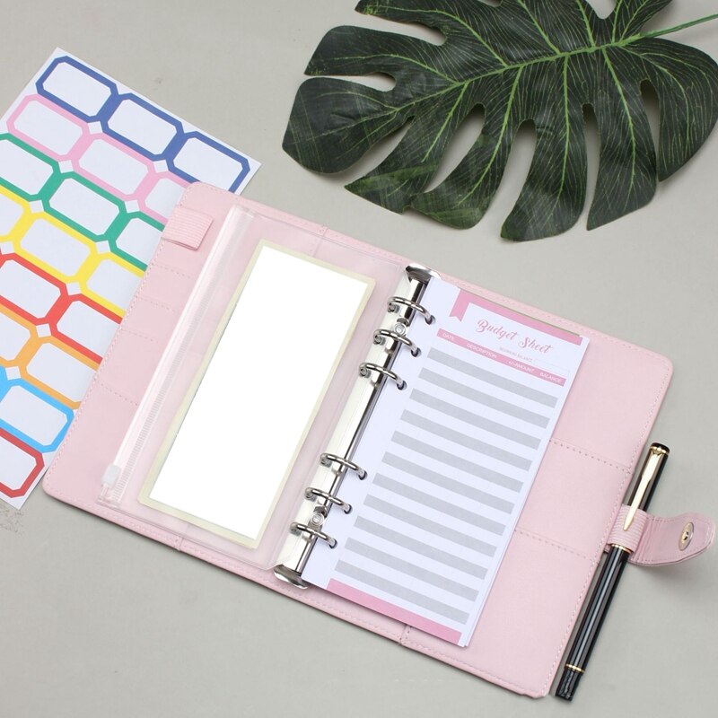 A6 Binder PU Leather Budget Planner Refillable 6 Round Rings Binder Cover Notebook Folder with Envelopes