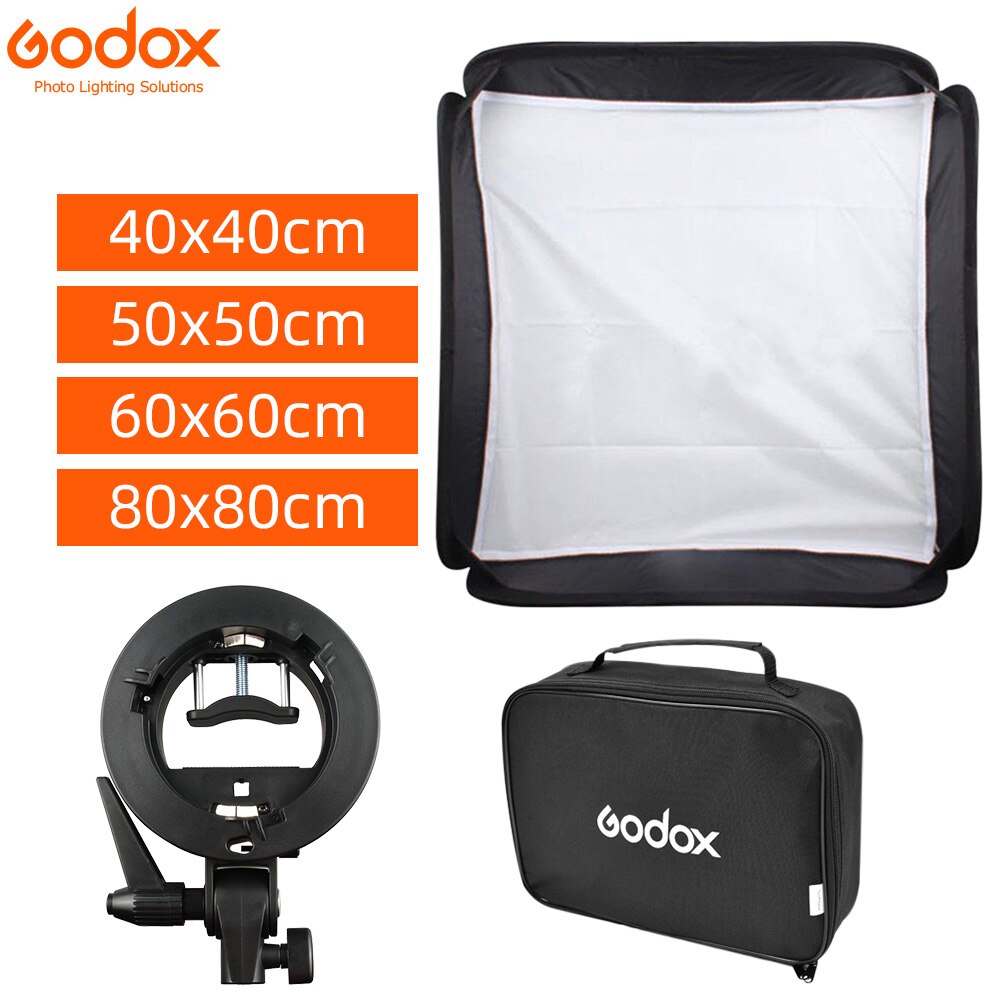 GODOX 40x40cm/50x50cm/60x60cm/80x80cm Softbox with S-Type Bracket Stable Bowens Mount Flash Bracket Mount Foldable Softbox Kit