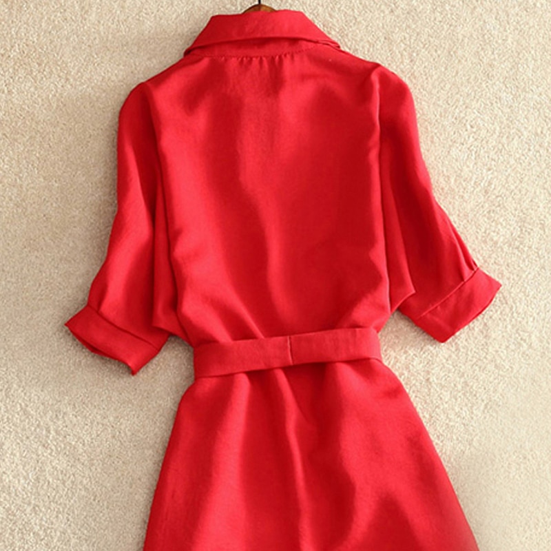 Casual hvit tunika kvinne kjole sommer kontor dame chiffon skjortekjole for kvinner kortermet solide sashes kjole vestidos