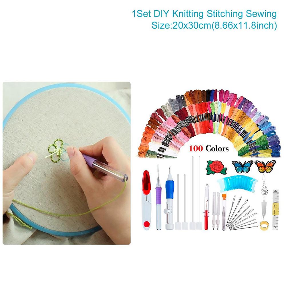 Magic Embroidery Pen Punch Needle Kit Craft Embroidery Threads Cross Stitch Embroidery Hoop DIY Knitting Sewing Accessory Tools: 136 pcs