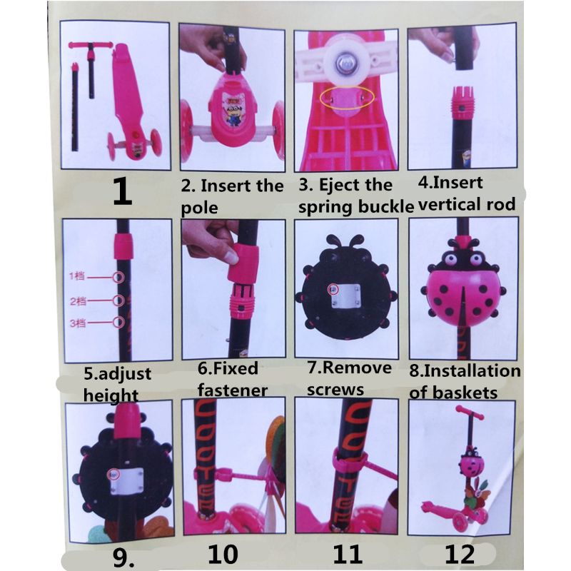 Trottinette pliable coccinelle, moulin à vent, réglable en hauteur, inclinée à la direction, 3 roues, pour enfants garçons et filles âgés de 3 à 8 ans