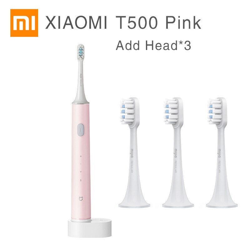 XIAOMI MIJIA T500 Electric Toothbrush Whitening Teeth vibrator Wireless Oral Smart Sonic Brush Ultrasonic Hygiene Cleaner: Pink add Heads x3