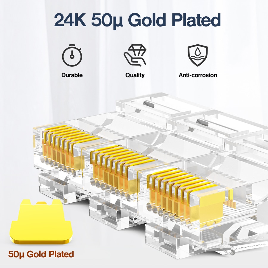 Ampcom-conector de tomada modular cat5e cat/cat6 utp 50u, conector ethernet 8p8c para crimpagem