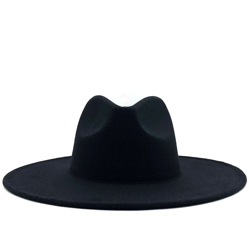 Simple british style vinteruld solid klassisk fedoras cap mænd kvinder panama jazz hat 9.5cm wide brim big fedoras: Sort