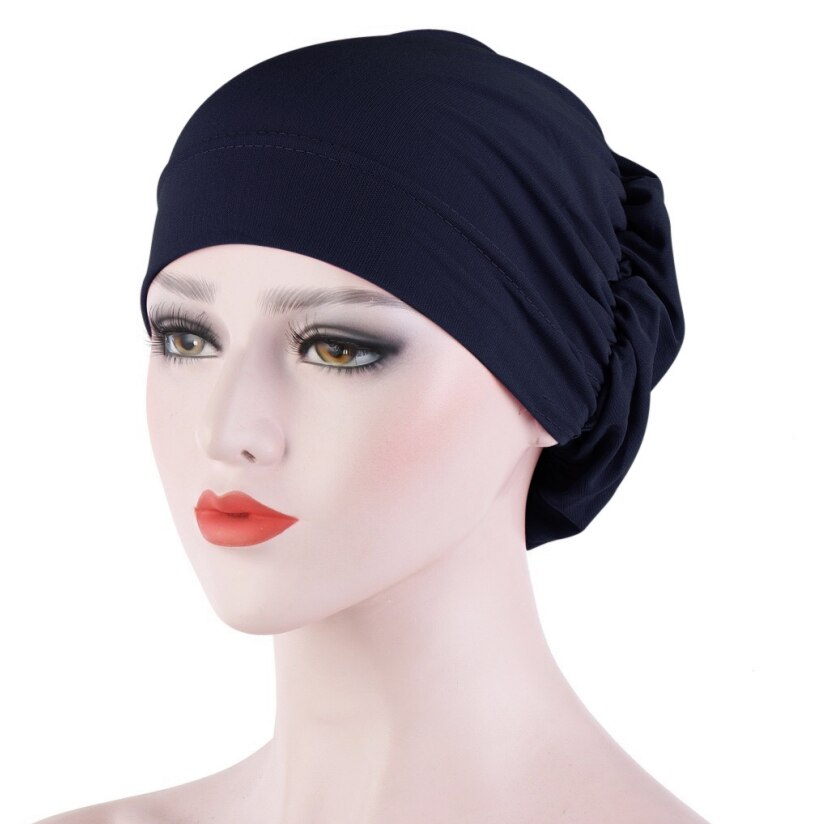 Vrouwen haaruitval sjaal elastisch dame kanker chemo pet moslim tulband hoed arab hoofddoek muts hoofddeksels skullies effen kleur: Marineblauw