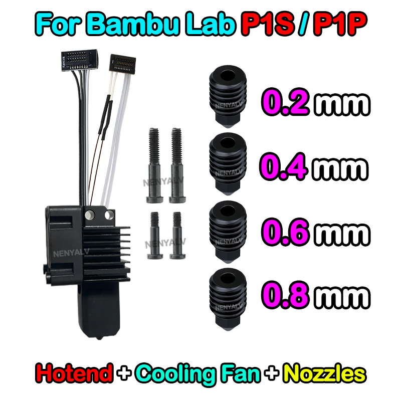 Bambu Lab X1/X1C/P1P/P1S Metal Hotend With Cooling Fan Hardened Brass Copper 0.2/0.4/0.6/0.8mm Nozzle 3D Printer: GRAY