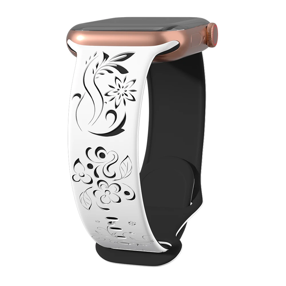 Silicone Floral Engraved Strap For Apple Watch 38/42/46mm 41/44/45mm 49mm Sport Bracelet For iWatch Series 10/9/8/7/6/Ultra Band: White Black / 12mm