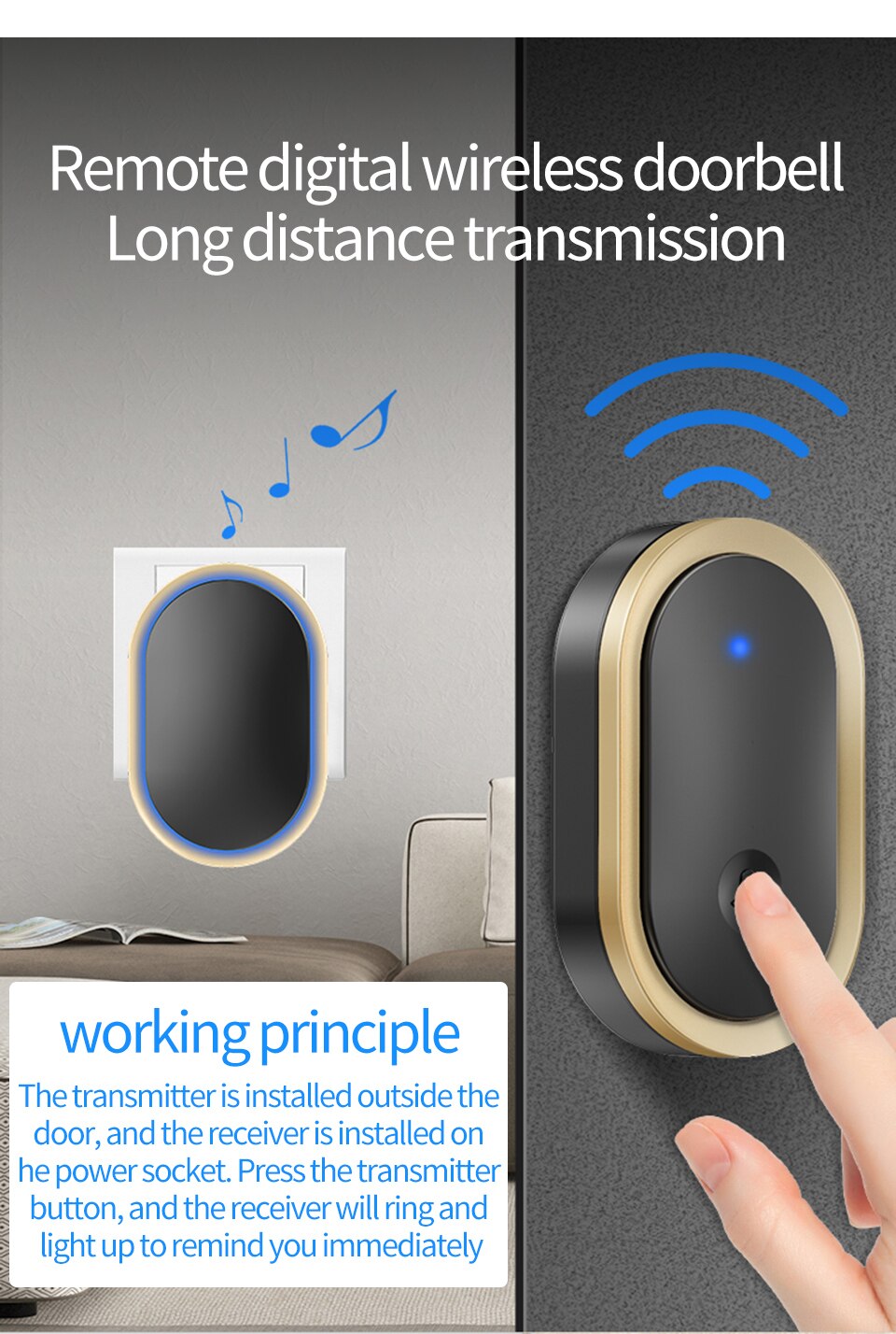 Cacazi Smart Draadloze Deurbel Waterdicht 3 Knop 1 Receivertouch Knop 300M Range Home Security Deur Call Bell 36 Ring