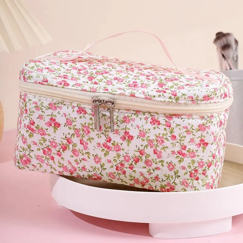 Katoenen cosmetisch zakje Cosmetische tas met bloemmotief Capaciteit Make-up organizer met dubbele ritssluiting Draagbare reisopslag Waszak: green