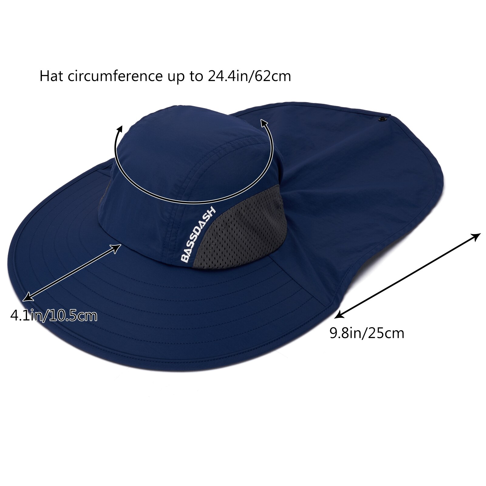 Bassdash UPF 50 + Unisex, sombrero de Sol de ala ancha resistente al agua con solapa de cuello grande, gorro de pesca con cola de caballo para hombres y mujeres