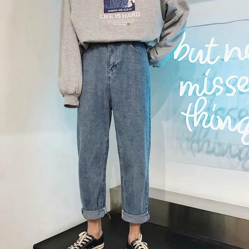 Mænd jeans retro løse ins harajuku solid ankellang chic all-match ulzzang trendy daglig streetwear herre student enkel: 901 lyseblå / Xl