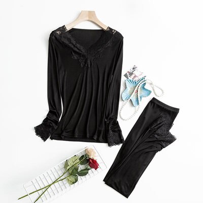 Women Autumn Winter Silk Long Johns Lace V neck Solid Knitted Thermal Underwear: Black / M