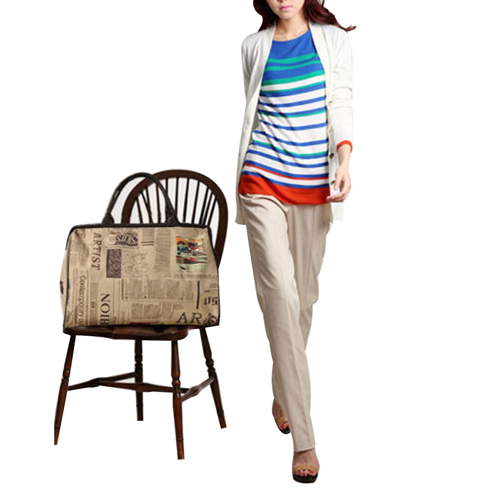 Retro Vintage Tote Handbag Large Capacity Casual Travel Newspaper Pattern Luggage Bag for Women