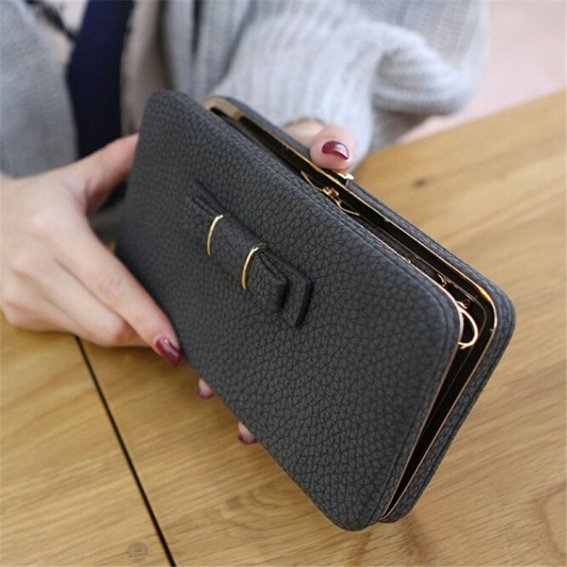 Women Bowknot Wallet Long Purse Phone Card Holder Clutch Large Capacity Pocket Female Solid PU Wallets