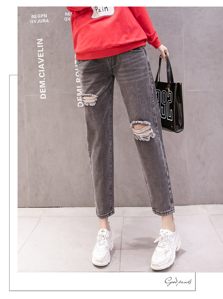 Jean de maternité en Denim avec trous, droit, taille haute, en coton, pour femmes enceintes, pantalon de grossesse ample, été: Black / M
