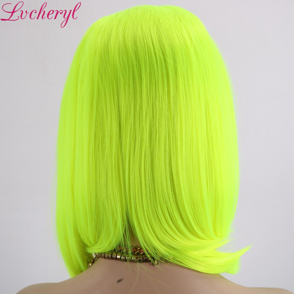 Lvcheryl neon gul färg värmebeständigt kort hår peruker syntetisk spets front peruker cosplay fest smink peruker för sommaren