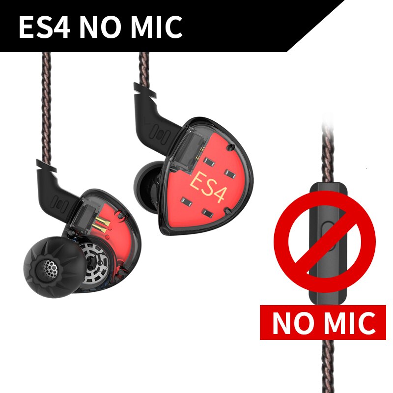 Kz  es4 in ohrhörer-monitor-headset mit dynamischen und armatur-treibern, hifi-bass, geräuschunterdrückung und ohrbügeln: Es4 schwarze ohne mikrofon
