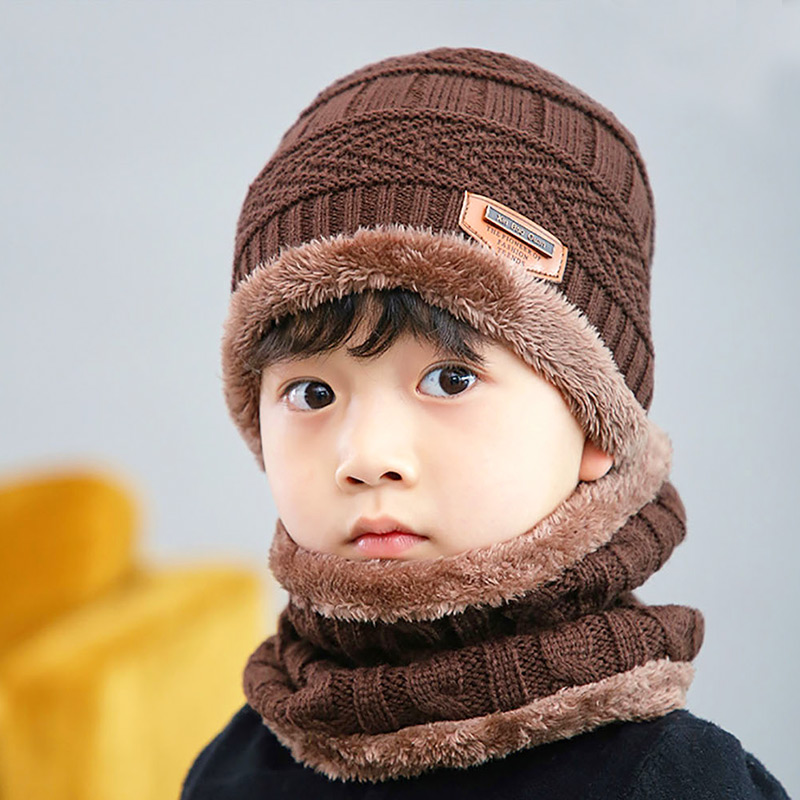 Børns bomuldshue tørklæde pil mønster strik hatte dreng afslappet varm hovedbeklædning plus fløjl fortykkende hagesmæk baby løs: Kaffe
