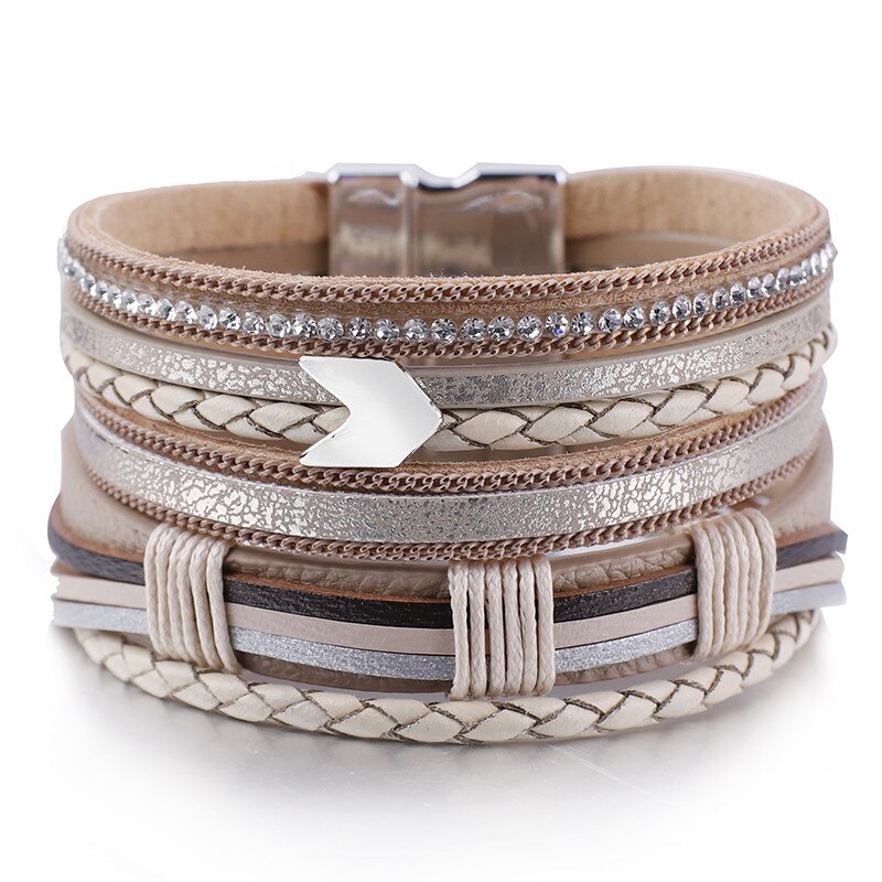 Flashbuy-pulsera de cuero de flecha de aleación trenzada Simple para mujer, brazaletes bohemios de envoltura ancha, , joyería al por mayor: Brown