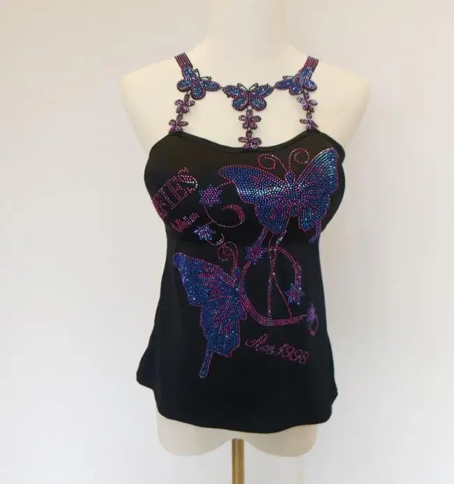 butterfly Women Camis Sexy Femme Padded Camisole Lady Rhainstones Gemstones Tanks Padded Tank Tops: L / Light Brown