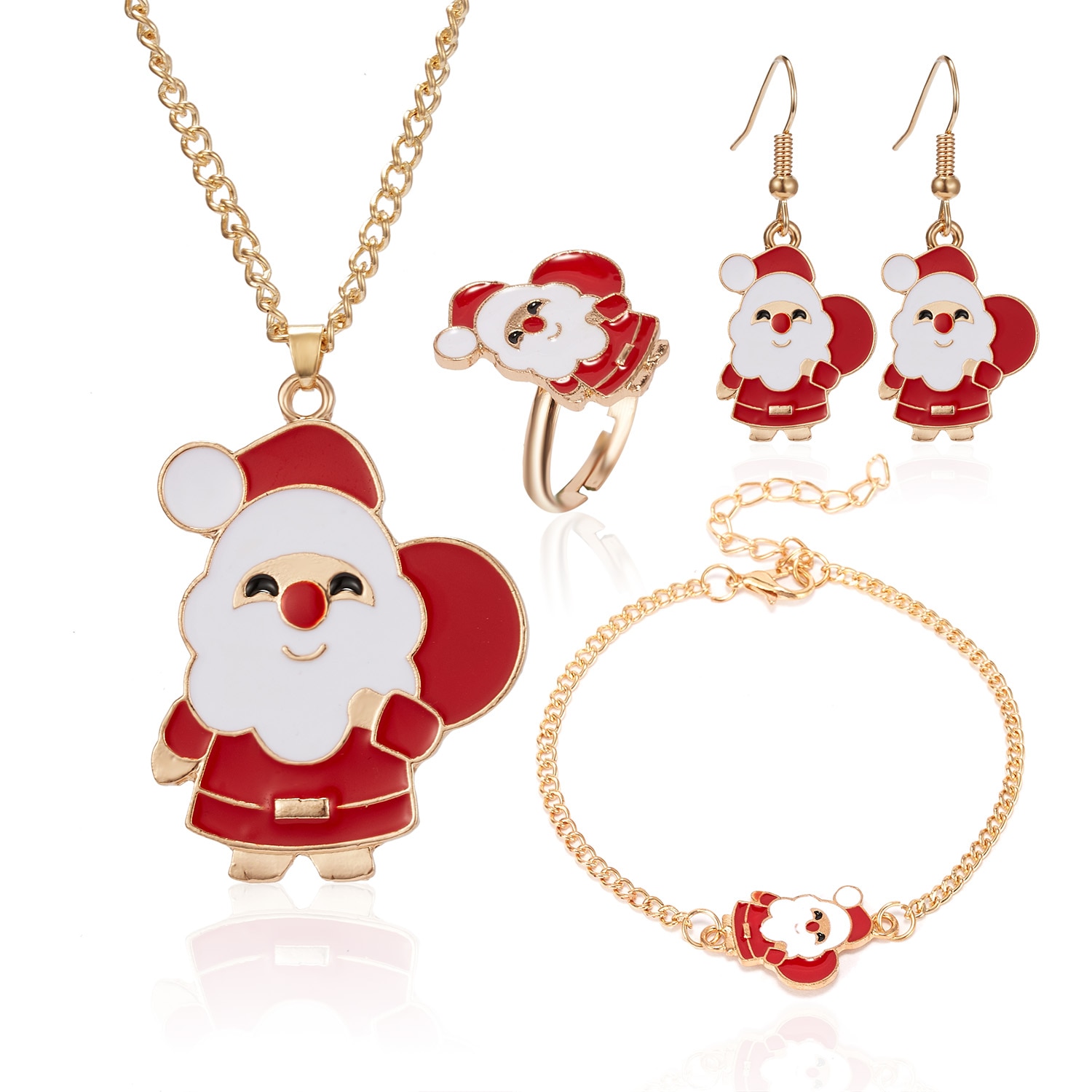 4 pçs/set novo natal encantos pingentes conjunto de jóias árvore natal cervos sinos papai noel brincos colar pulseira anel presente